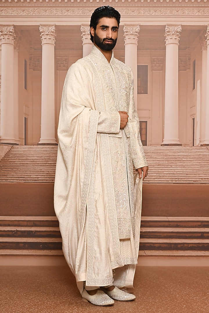 Beige Silk Moonga Sequins Embroidered Groom Sherwani Set by Tarun Tahiliani Men at Pernia's Pop Up Shop