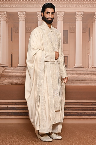 Beige Silk Moonga Sequins Embroidered Sherwani Set by Tarun Tahiliani Men