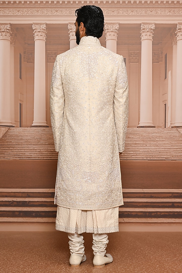 Beige Silk Moonga Sequins Embroidered Groom Sherwani Set by Tarun Tahiliani Men at Pernia's Pop Up Shop