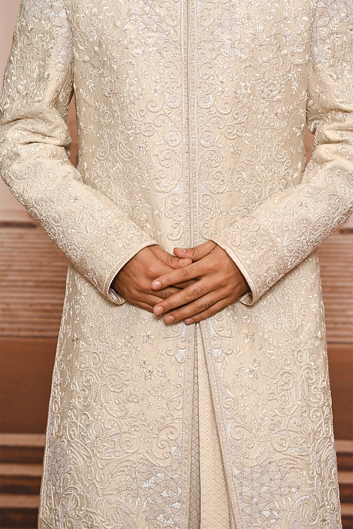 Beige Silk Moonga Sequins Embroidered Groom Sherwani Set by Tarun Tahiliani Men at Pernia's Pop Up Shop