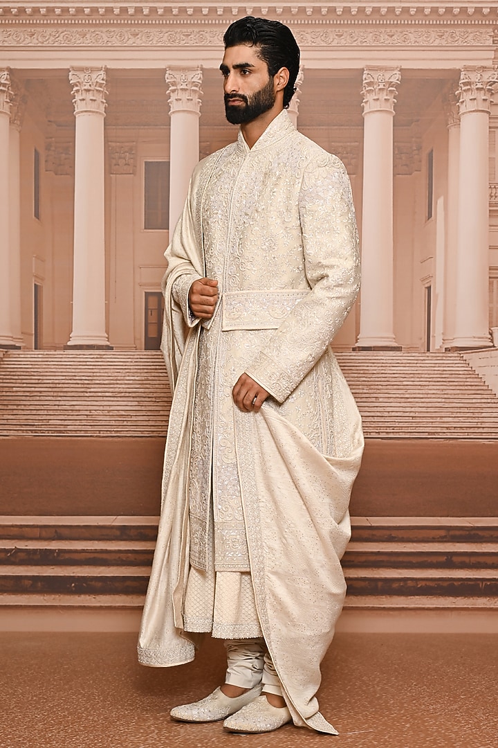 Beige Silk Moonga Sequins Embroidered Groom Sherwani Set by Tarun Tahiliani Men at Pernia's Pop Up Shop