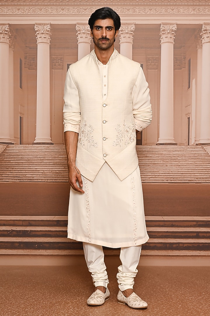 Ivory Georgette Pearl Embroidered Waistcoat Set by Tarun Tahiliani Men at Pernia's Pop Up Shop