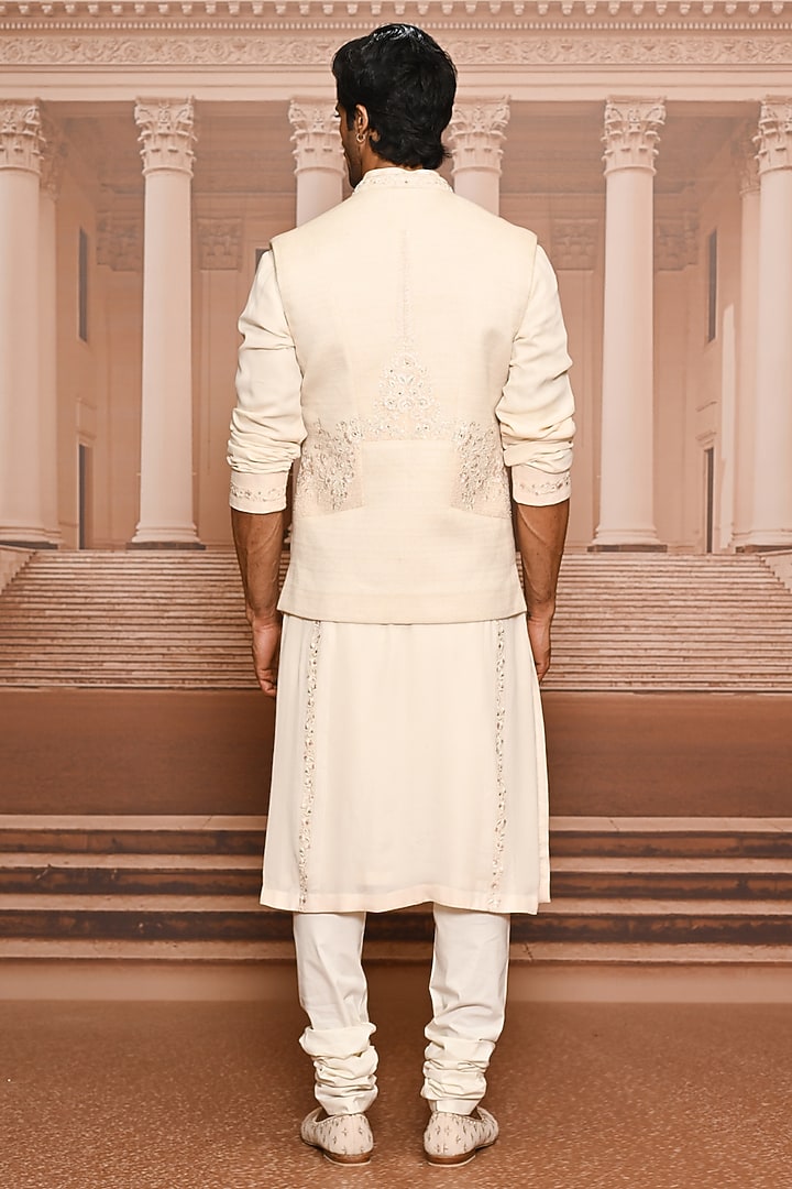 Ivory Georgette Pearl Embroidered Waistcoat Set by Tarun Tahiliani Men at Pernia's Pop Up Shop