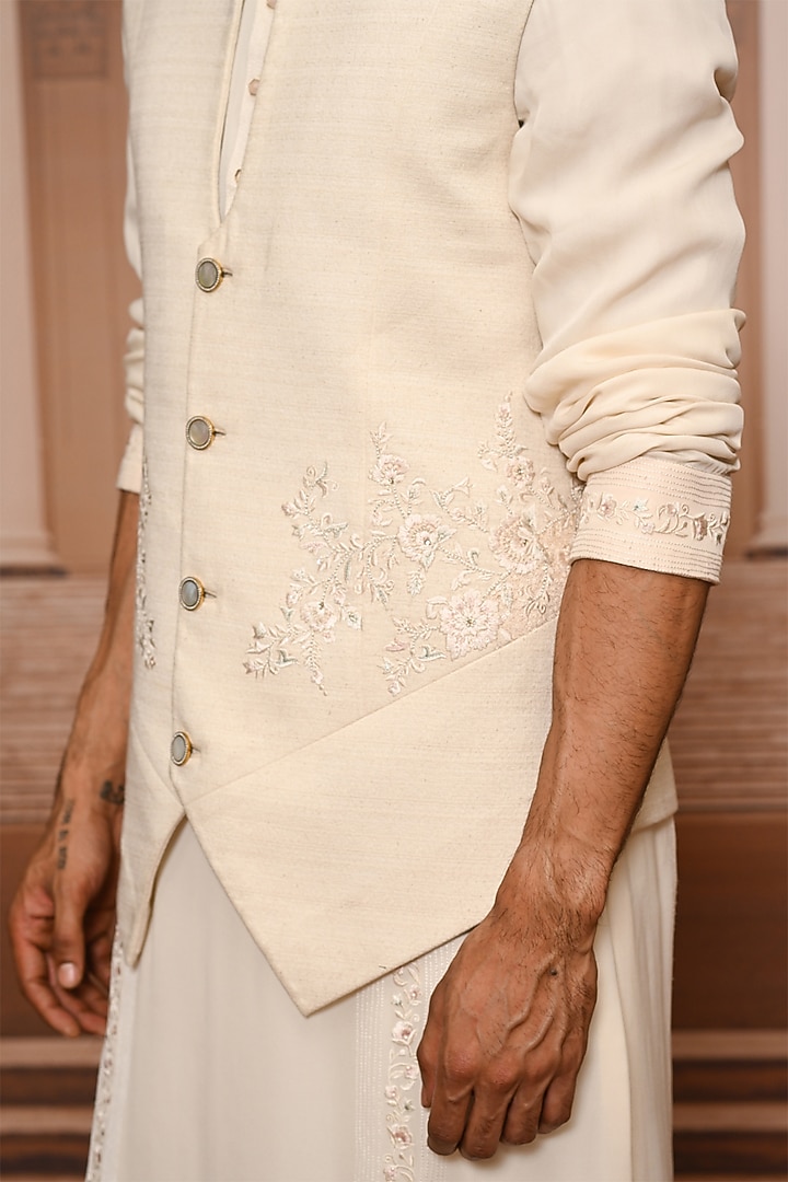 Ivory Georgette Pearl Embroidered Waistcoat Set by Tarun Tahiliani Men at Pernia's Pop Up Shop