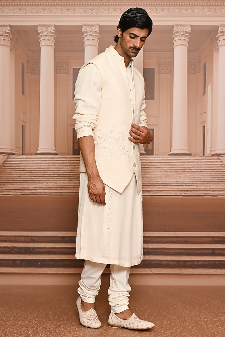 Ivory Georgette Pearl Embroidered Waistcoat Set by Tarun Tahiliani Men at Pernia's Pop Up Shop