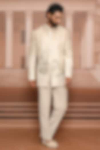 Ivory & Multi-Colored Dupion Silk Embroidered Groom Bandhgala Set by Tarun Tahiliani Men at Pernia's Pop Up Shop