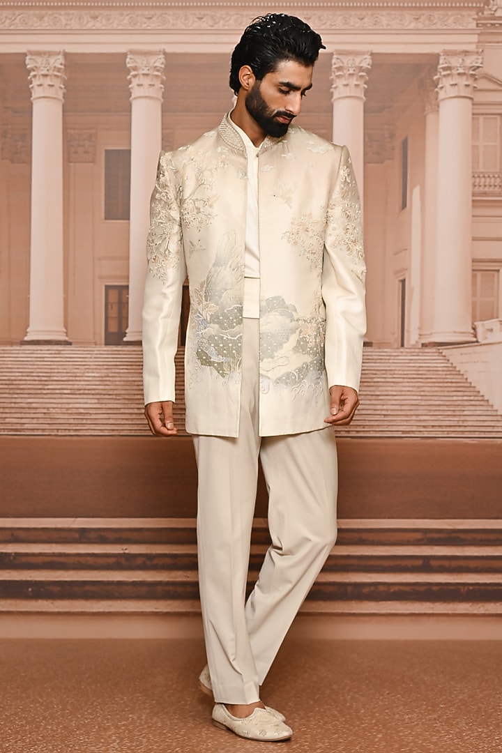 Ivory & Multi-Colored Dupion Silk Embroidered Groom Bandhgala Set by Tarun Tahiliani Men at Pernia's Pop Up Shop