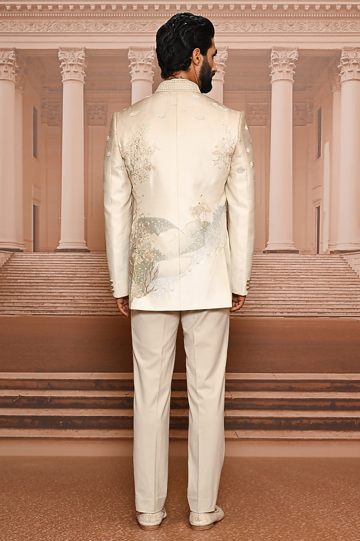 Ivory & Multi-Colored Dupion Silk Embroidered Groom Bandhgala Set by Tarun Tahiliani Men at Pernia's Pop Up Shop