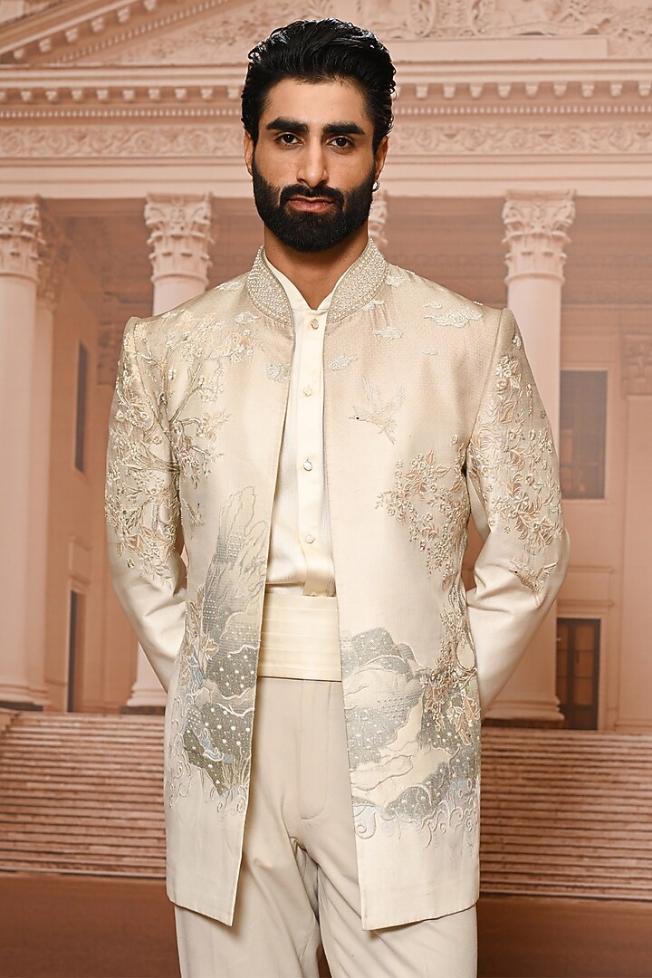 Ivory & Multi-Colored Dupion Silk Embroidered Groom Bandhgala Set by Tarun Tahiliani Men at Pernia's Pop Up Shop