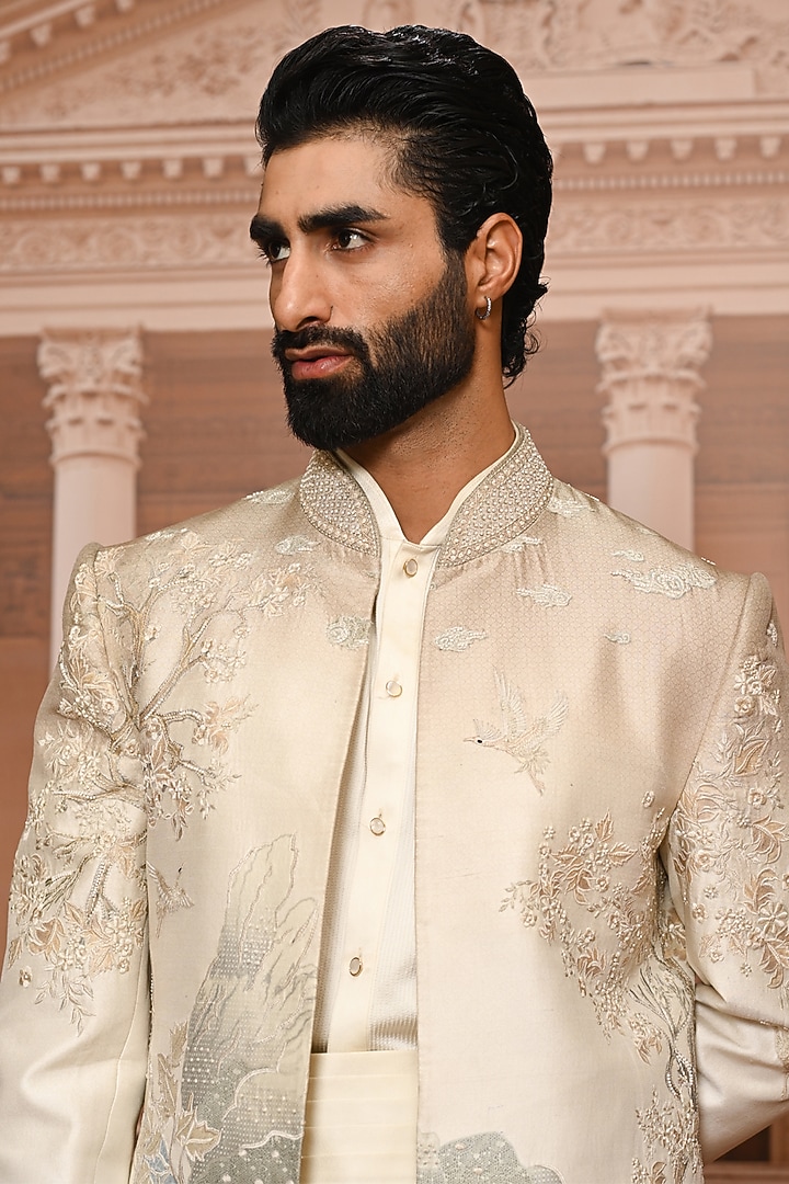 Ivory & Multi-Colored Dupion Silk Embroidered Groom Bandhgala Set by Tarun Tahiliani Men at Pernia's Pop Up Shop