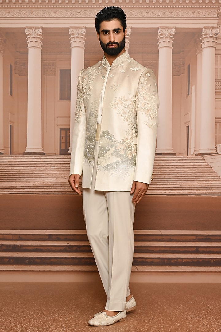 Ivory & Multi-Colored Dupion Silk Embroidered Groom Bandhgala Set by Tarun Tahiliani Men at Pernia's Pop Up Shop