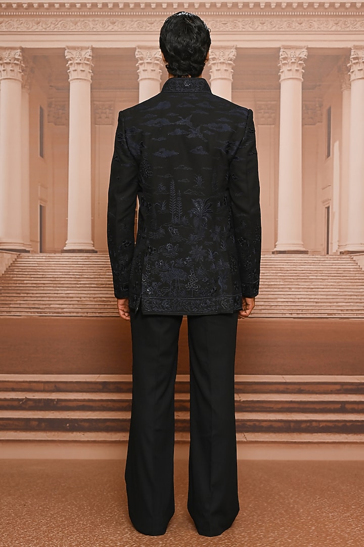Black Georgette Resham Embroidered Groom Bandhgala Set by Tarun Tahiliani Men at Pernia's Pop Up Shop