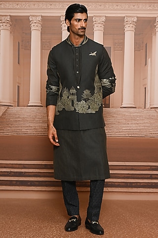 Charcoal Dupion Silk Digital Printed Waistcoat Set by Tarun Tahiliani Men