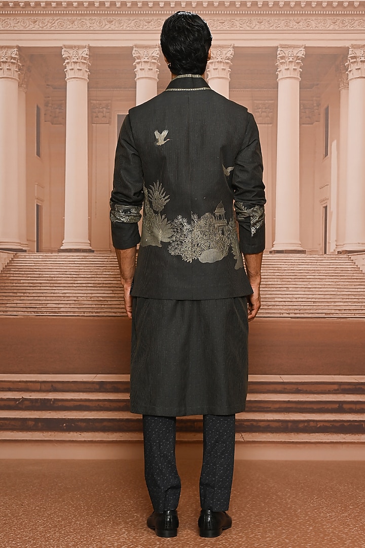 Charcoal Dupion Silk Digital Printed Waistcoat Set by Tarun Tahiliani Men at Pernia's Pop Up Shop