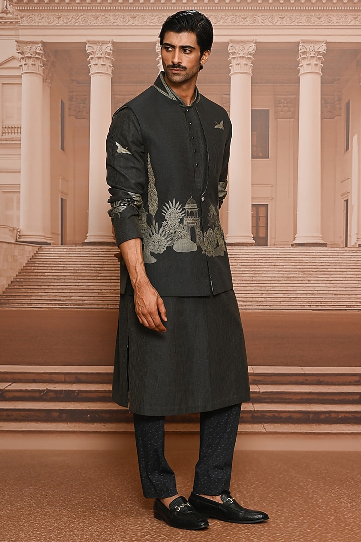 Charcoal Dupion Silk Digital Printed Waistcoat Set by Tarun Tahiliani Men at Pernia's Pop Up Shop