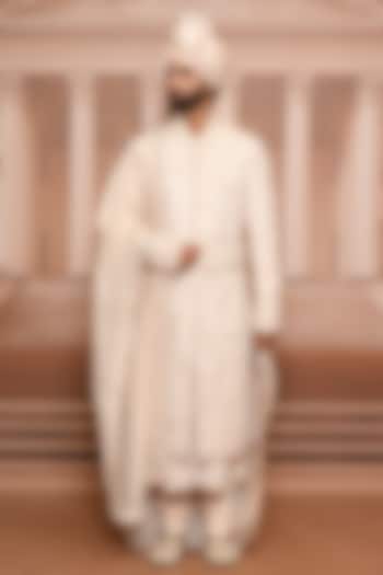 Beige Matka Silk Sequins Embroidered Groom Sherwani Set by Tarun Tahiliani Men at Pernia's Pop Up Shop