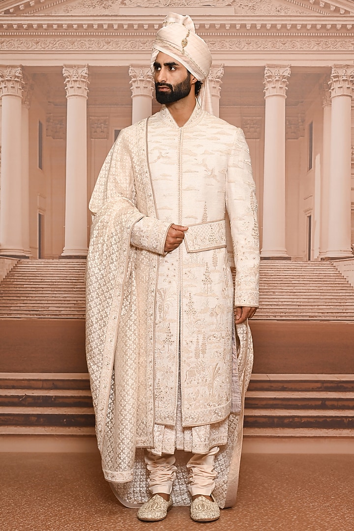 Beige Matka Silk Sequins Embroidered Groom Sherwani Set by Tarun Tahiliani Men at Pernia's Pop Up Shop
