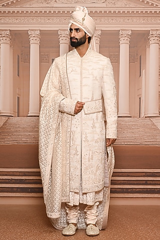Beige Matka Silk Sequins Embroidered Sherwani Set by Tarun Tahiliani Men