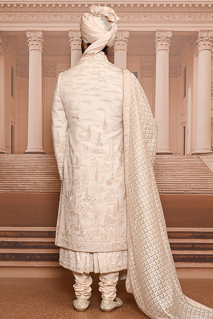 Beige Matka Silk Sequins Embroidered Groom Sherwani Set by Tarun Tahiliani Men at Pernia's Pop Up Shop