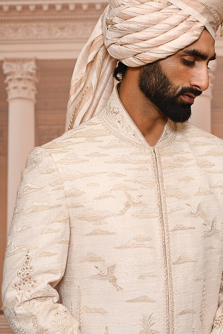 Beige Matka Silk Sequins Embroidered Groom Sherwani Set by Tarun Tahiliani Men at Pernia's Pop Up Shop