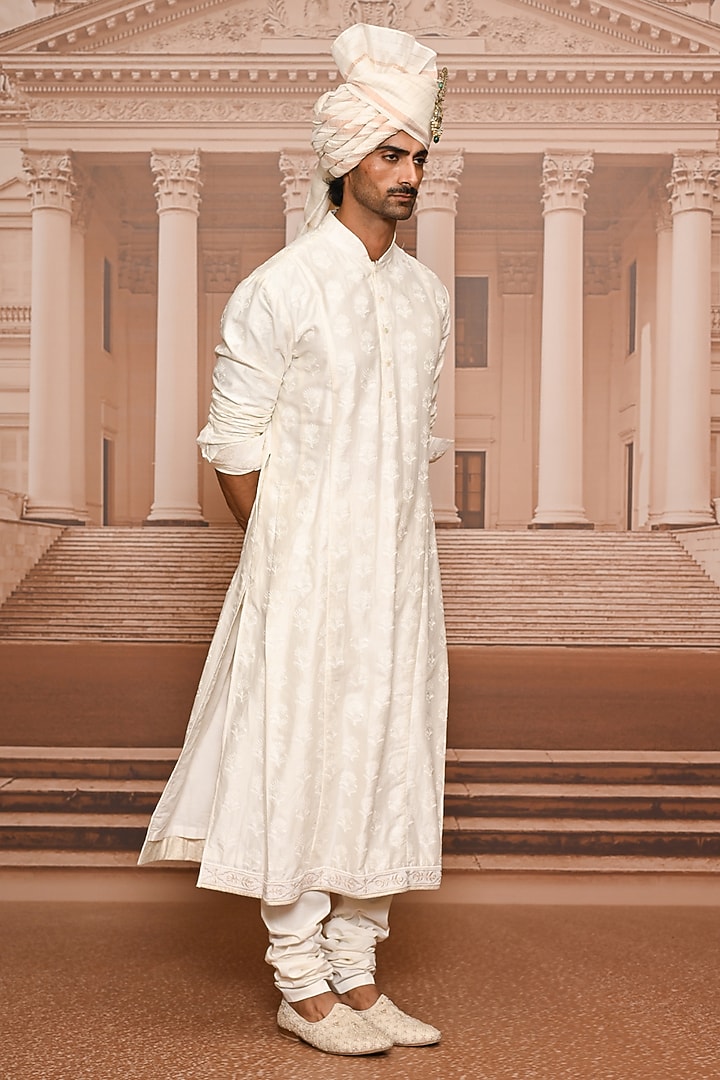 Beige Matka Silk Sequins Embroidered Groom Sherwani Set by Tarun Tahiliani Men at Pernia's Pop Up Shop