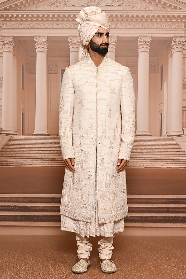 Beige Matka Silk Sequins Embroidered Groom Sherwani Set by Tarun Tahiliani Men at Pernia's Pop Up Shop