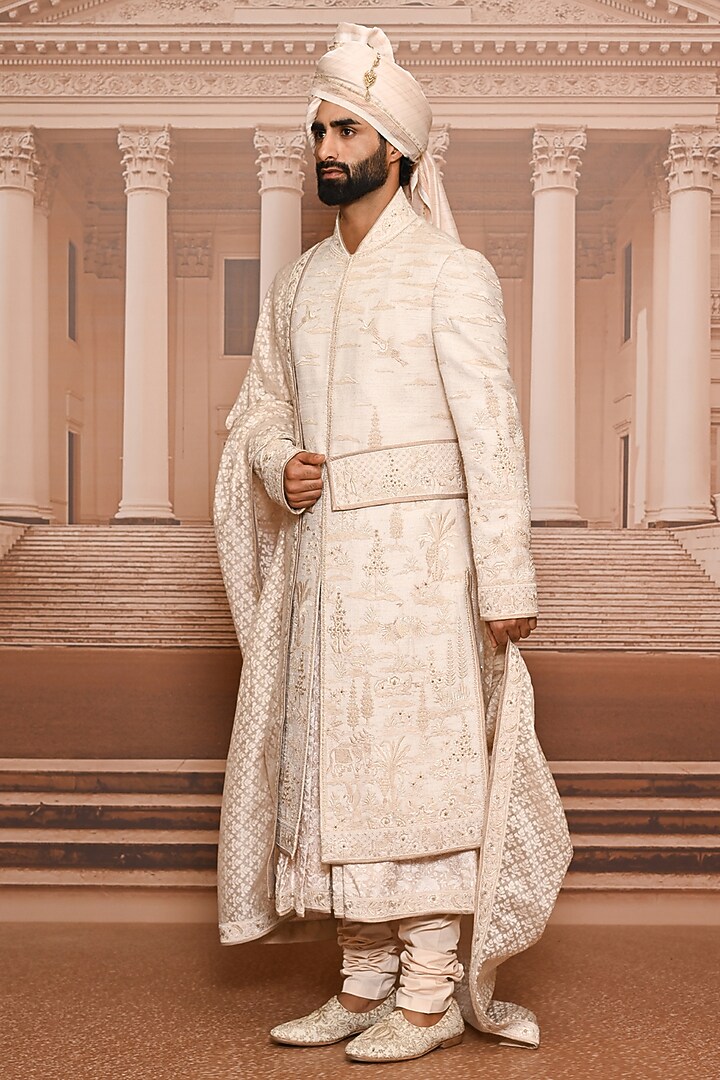 Beige Matka Silk Sequins Embroidered Groom Sherwani Set by Tarun Tahiliani Men at Pernia's Pop Up Shop