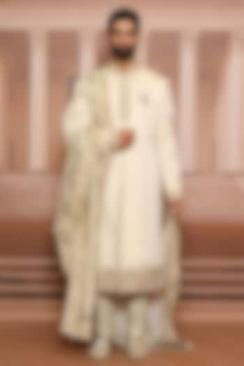 Jade Linen Satin Embroidered Groom Sherwani Set by Tarun Tahiliani Men at Pernia's Pop Up Shop