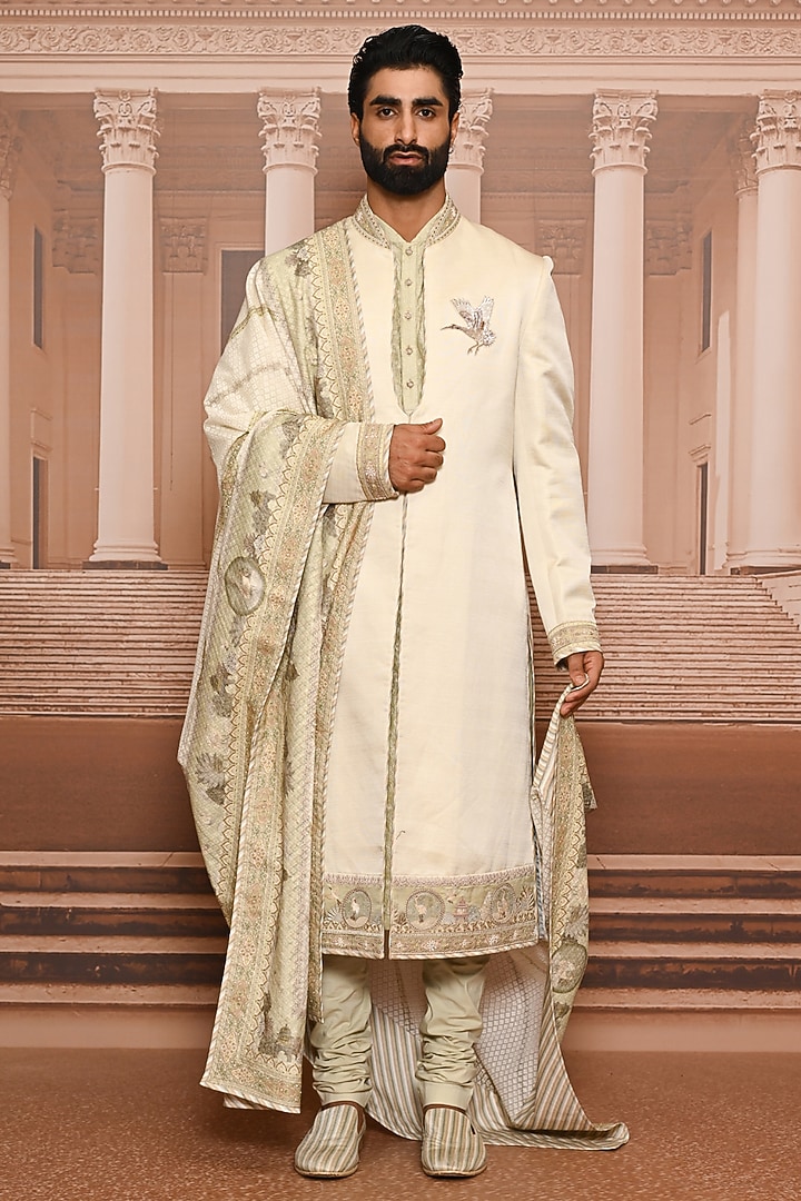 Jade Linen Satin Embroidered Groom Sherwani Set by Tarun Tahiliani Men at Pernia's Pop Up Shop