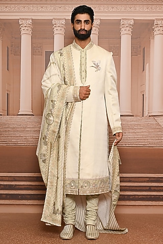 Jade Linen Satin Embroidered Sherwani Set by Tarun Tahiliani Men