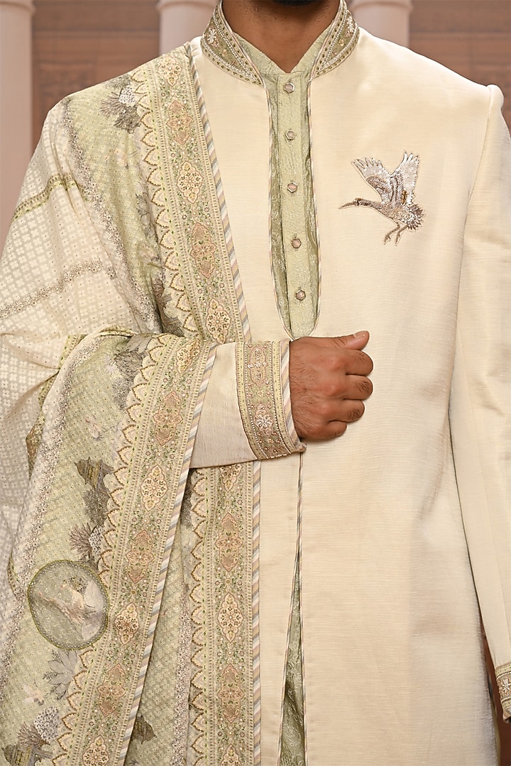 Jade Linen Satin Embroidered Groom Sherwani Set by Tarun Tahiliani Men at Pernia's Pop Up Shop