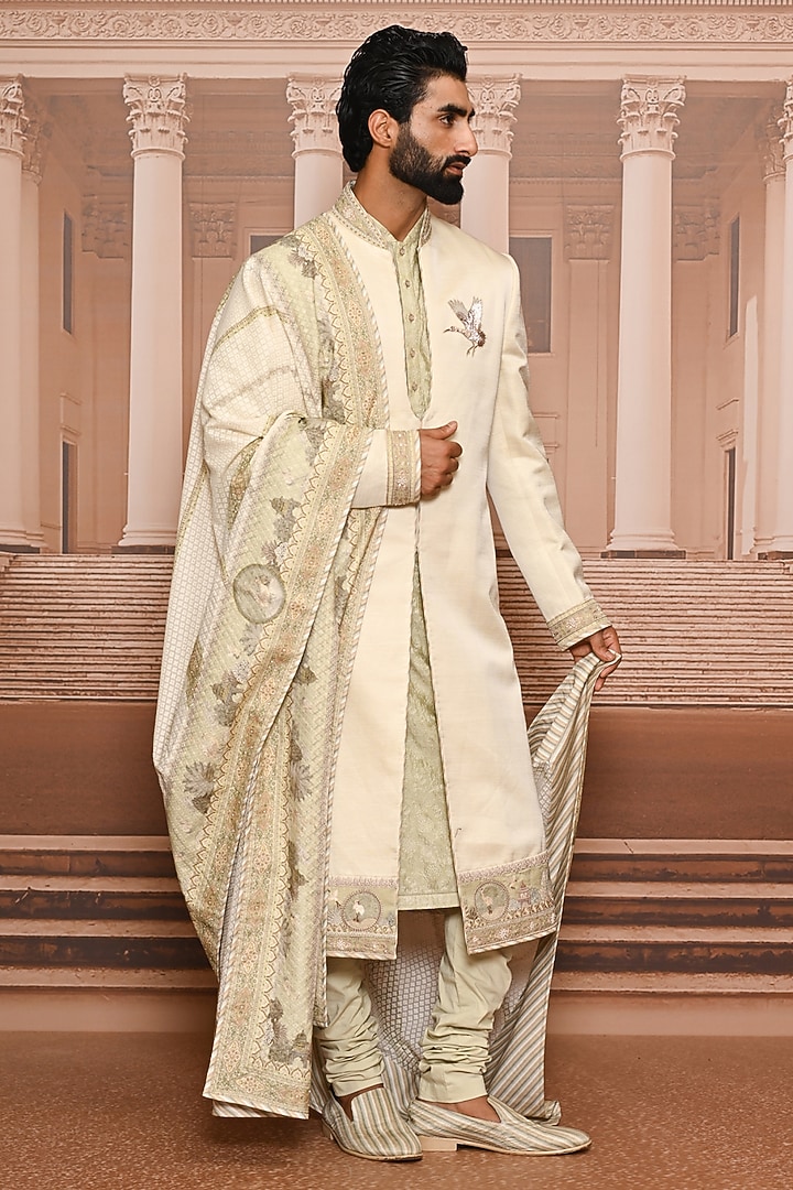 Jade Linen Satin Embroidered Groom Sherwani Set by Tarun Tahiliani Men at Pernia's Pop Up Shop