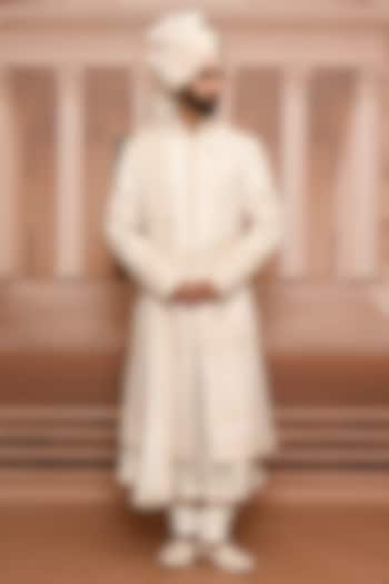 Ivory Suiting Fabric Embellished Groom Sherwani Set by Tarun Tahiliani Men at Pernia's Pop Up Shop
