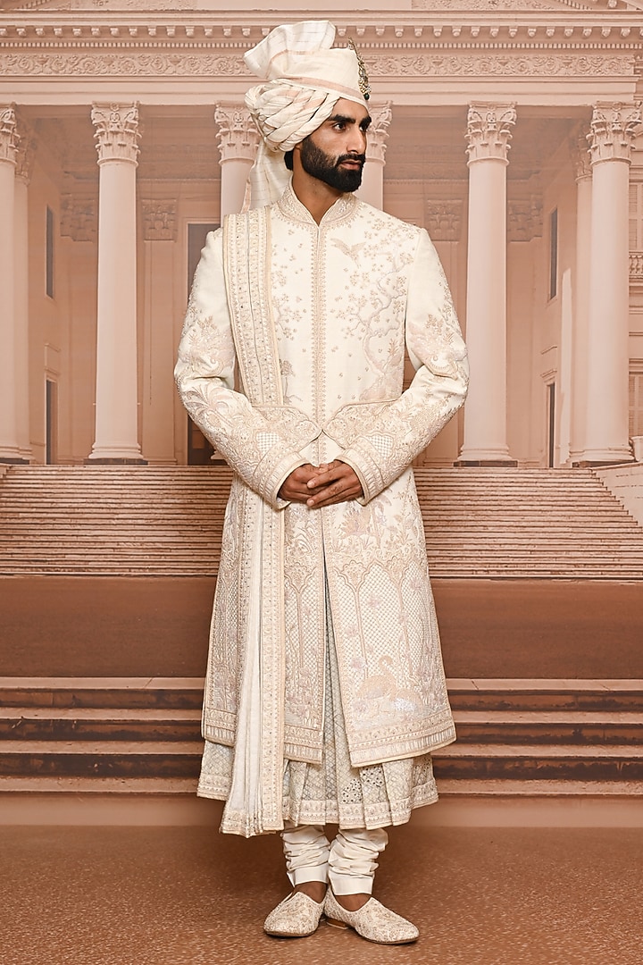 Ivory Suiting Fabric Embellished Groom Sherwani Set by Tarun Tahiliani Men at Pernia's Pop Up Shop
