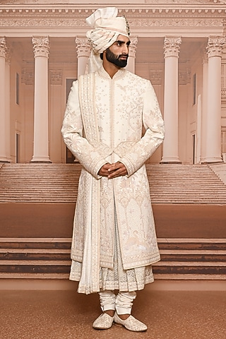 Ivory Suiting Fabric Embellished Sherwani Set by Tarun Tahiliani Men