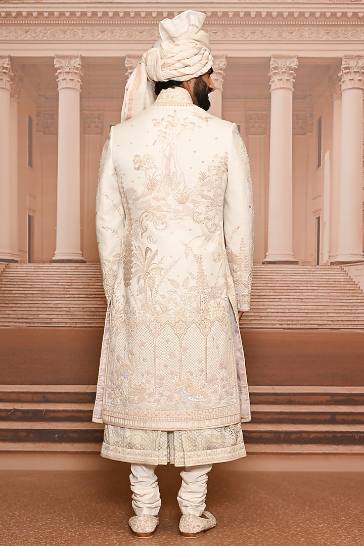 Ivory Suiting Fabric Embellished Groom Sherwani Set by Tarun Tahiliani Men at Pernia's Pop Up Shop