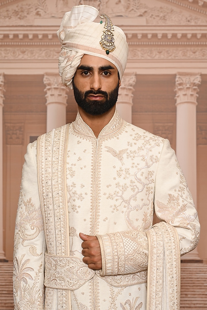 Ivory Suiting Fabric Embellished Groom Sherwani Set by Tarun Tahiliani Men at Pernia's Pop Up Shop