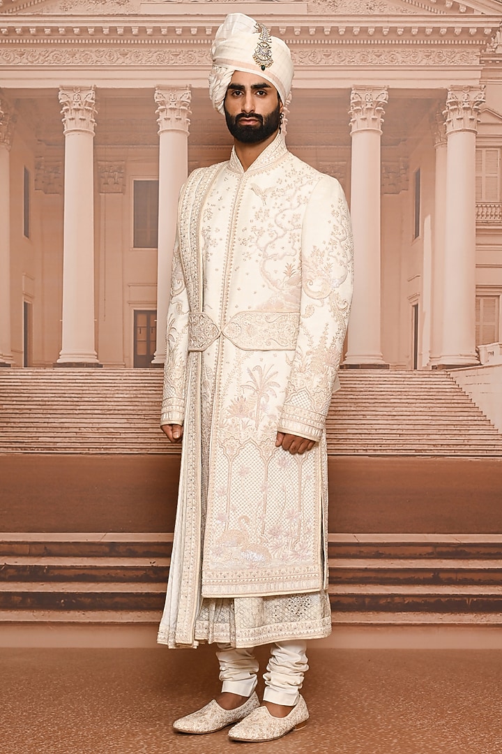 Ivory Suiting Fabric Embellished Groom Sherwani Set by Tarun Tahiliani Men at Pernia's Pop Up Shop