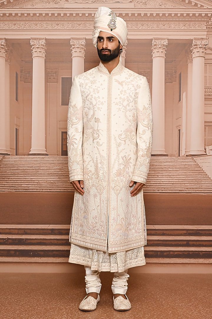 Ivory Suiting Fabric Embellished Groom Sherwani Set by Tarun Tahiliani Men at Pernia's Pop Up Shop