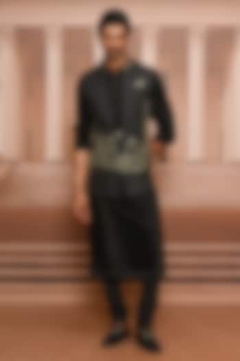 Charcoal Dupion Silk Waistcoat Set by Tarun Tahiliani Men at Pernia's Pop Up Shop