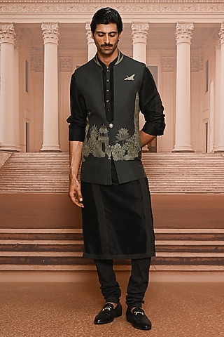 Charcoal Dupion Silk Waistcoat Set by Tarun Tahiliani Men