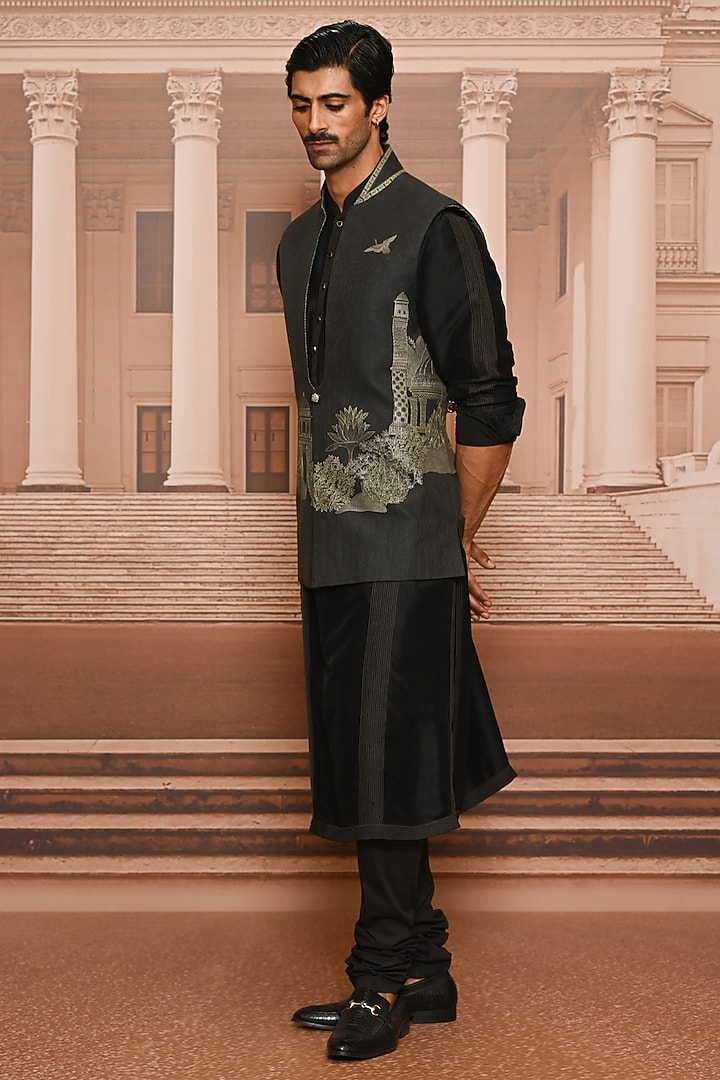 Charcoal Dupion Silk Waistcoat Set by Tarun Tahiliani Men at Pernia's Pop Up Shop