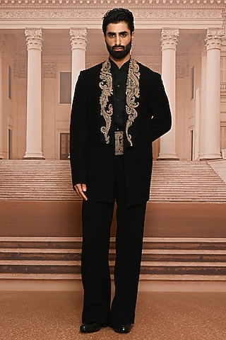 Black Japanese Crepe Hand Embroidered Bandhgala Set by Tarun Tahiliani Men