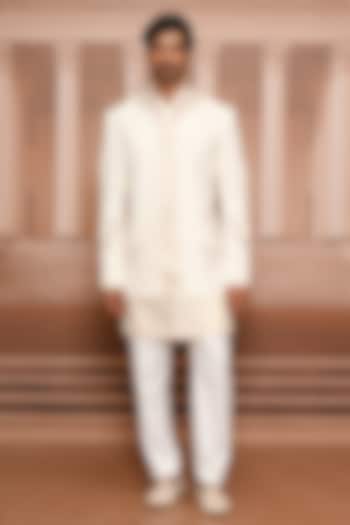 Ivory Suiting Fabric Hand Embroidered Groom Bandhgala Set by Tarun Tahiliani Men at Pernia's Pop Up Shop