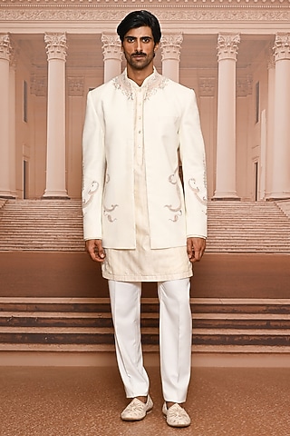 Ivory Suiting Fabric Hand Embroidered Bandhgala Set by Tarun Tahiliani Men