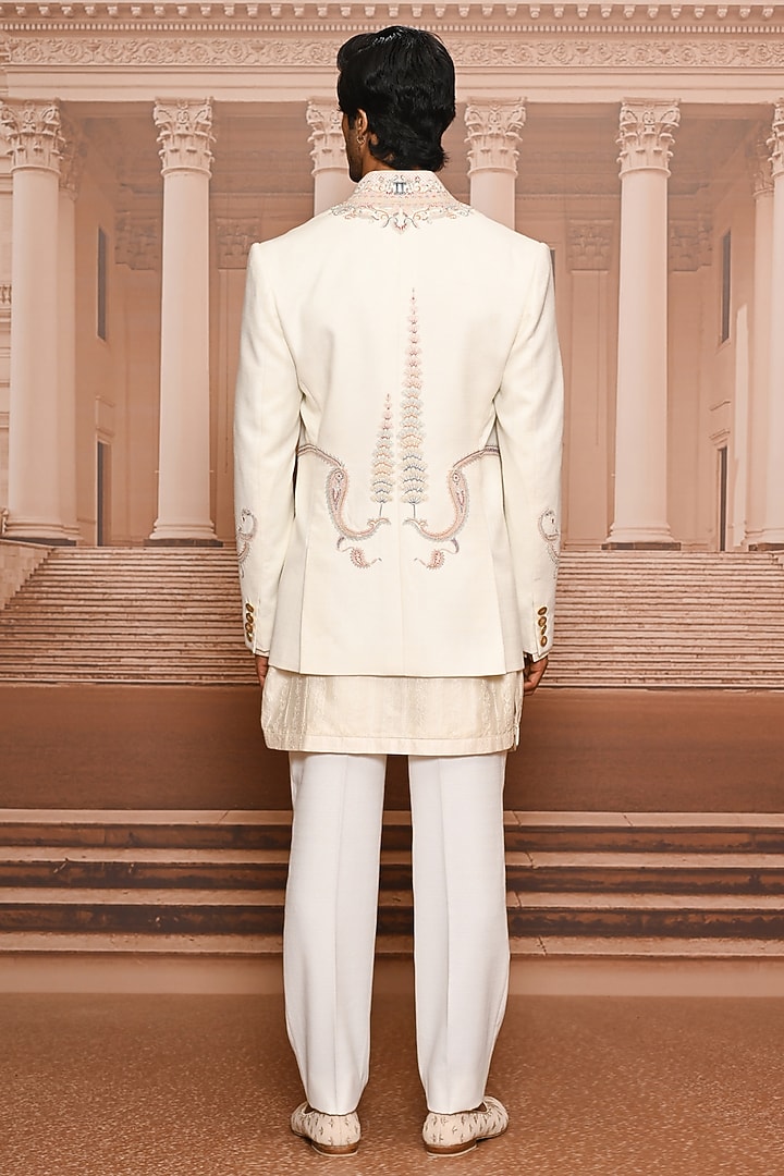 Ivory Suiting Fabric Hand Embroidered Groom Bandhgala Set by Tarun Tahiliani Men at Pernia's Pop Up Shop
