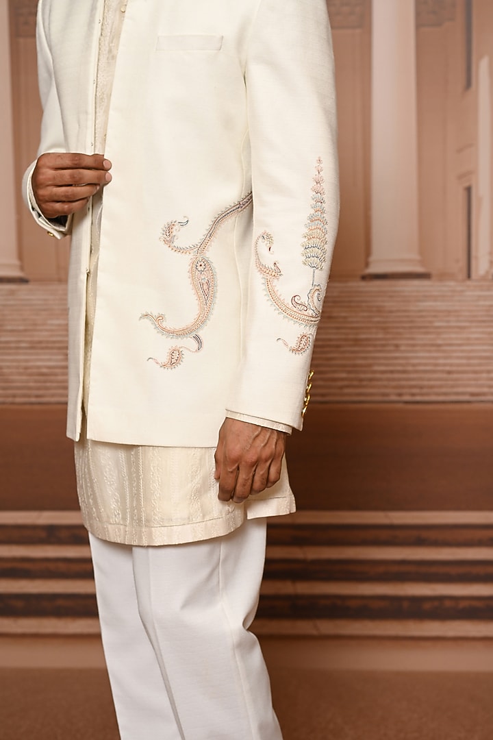Ivory Suiting Fabric Hand Embroidered Groom Bandhgala Set by Tarun Tahiliani Men at Pernia's Pop Up Shop