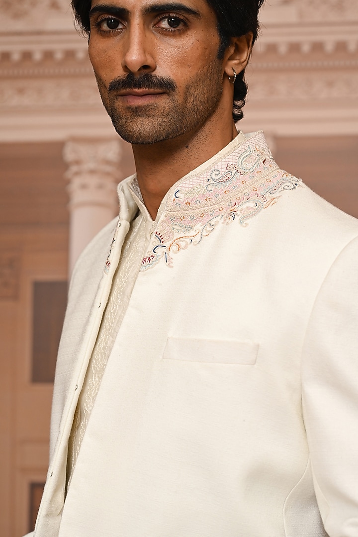 Ivory Suiting Fabric Hand Embroidered Groom Bandhgala Set by Tarun Tahiliani Men at Pernia's Pop Up Shop