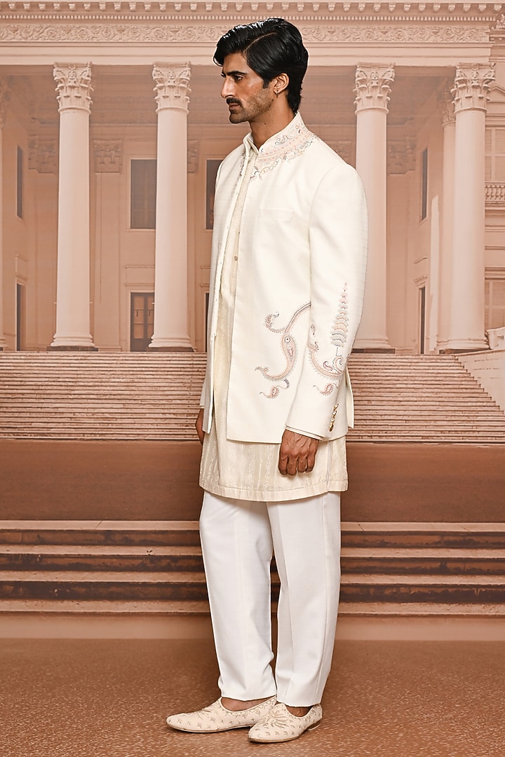 Ivory Suiting Fabric Hand Embroidered Groom Bandhgala Set by Tarun Tahiliani Men at Pernia's Pop Up Shop