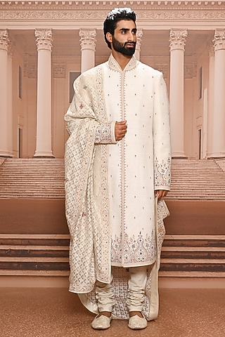 Ivory Matka Silk Threadwork Sherwani Set by Tarun Tahiliani Men